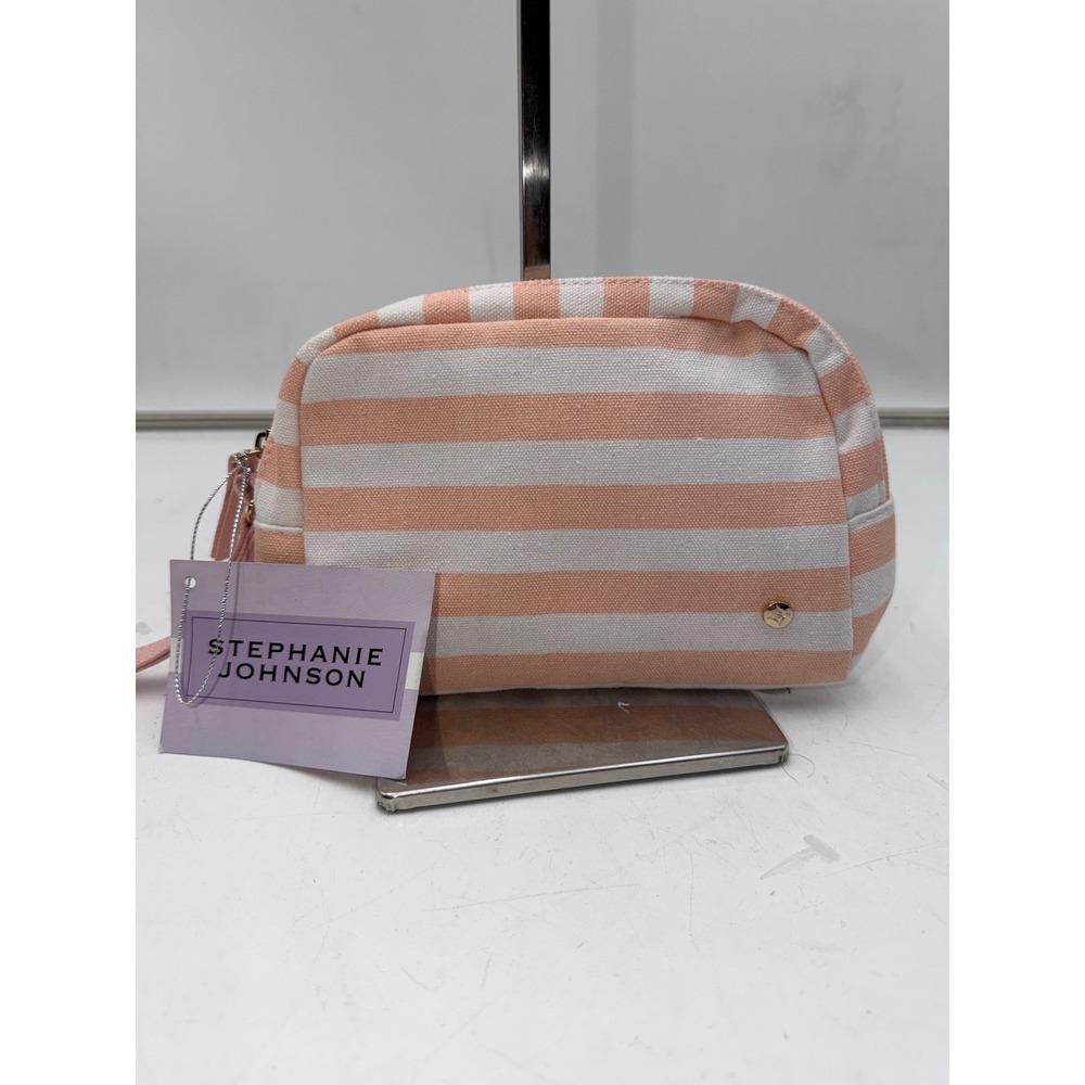 Stephanie Johnson Bloomingdales Peach White Striped Canvas Cosmetic Travel Bag